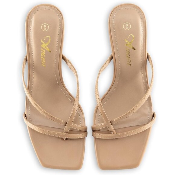 Athlefit Women's Camel Polyurethane Square Open Toe Kitten Heels Thong Sandals - Picture 4 of 6